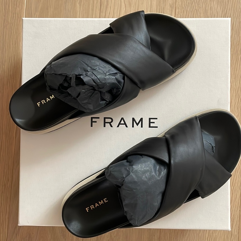 FRAME la Playa leather platform slides sandals, size 8.5/9  39